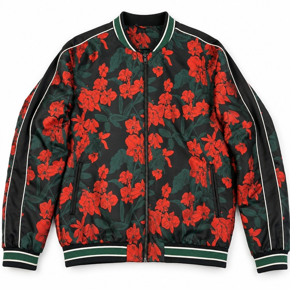 Topman Floral Bomber Jacket Mens Medium Black Red Orchid Zip Up Lightweight